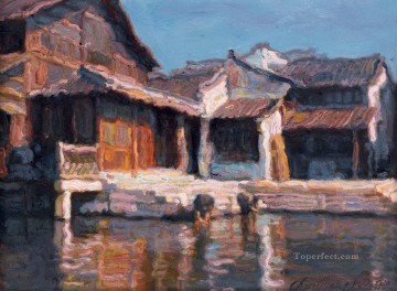 リバー ビレッジ ピア山水中国の風景 Oil Paintings